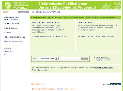 Hochschulschriftenserver der Universitätsbibliothek Wuppertal Screenshot