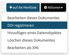 MIR-Aktionen-Menü mit aktivierter DOI-Registrierung